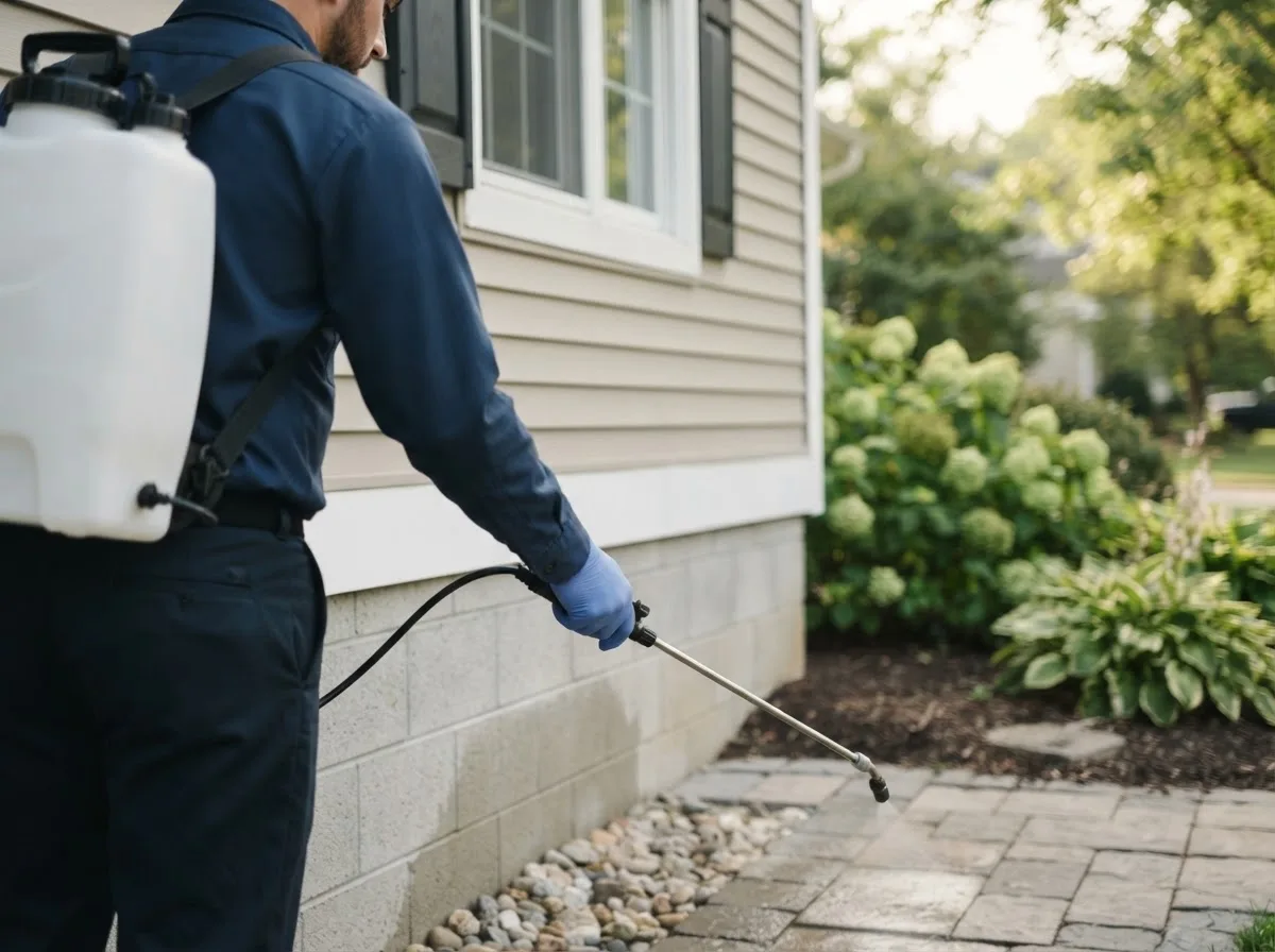 Pest control technician inspecting a home in Cascade, WI
